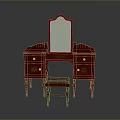 Vintage Red Dressing Table With Rectangular Mirror Drawers And Matching Wooden Stool 3d model