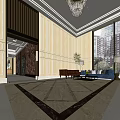Luxurious Elevator Lobby Interior With Modern Design Chandelier Sofa And City View Windows 3d model