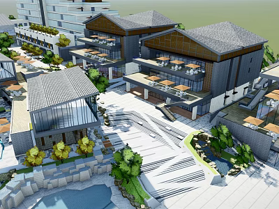 Scenic Commercial Street Architectural Design With Outdoor Dining Areas And Pedestrian Walkways 3d model