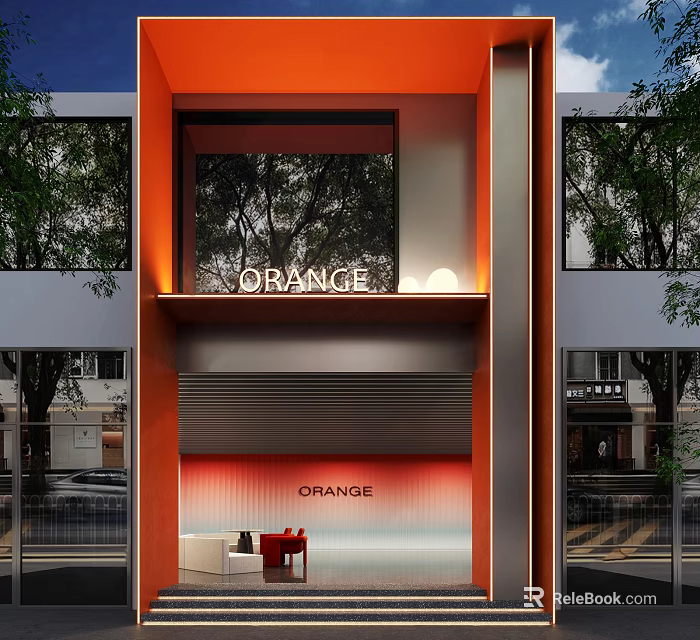 ORANGE Storefront Design With Orange Facade Windows Lighting Red Chair And White Table 3d model