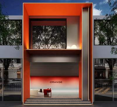 ORANGE Storefront Design With Orange Facade Windows Lighting Red Chair And White Table 3d model