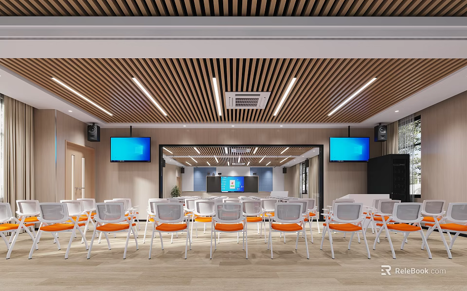 School Multipurpose Room with White Orange Chairs Large Screens Wooden Strip Ceiling and Lighting 3d model 