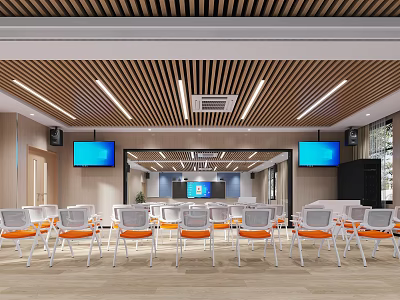 School Multipurpose Room with White Orange Chairs Large Screens Wooden Strip Ceiling and Lighting 3d model