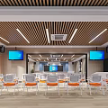 School Multipurpose Room with White Orange Chairs Large Screens Wooden Strip Ceiling and Lighting