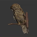 Textured Owl Sculpture Perched On Wooden Branch With Dark Background Reflection