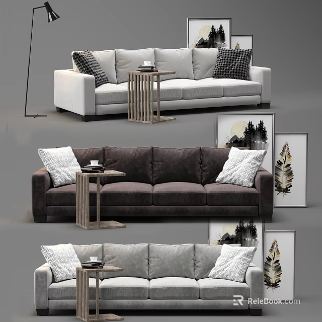 Sectional Sofa in White Brown Gray with Decorative Pillows Side Table and Wall Art 3d model