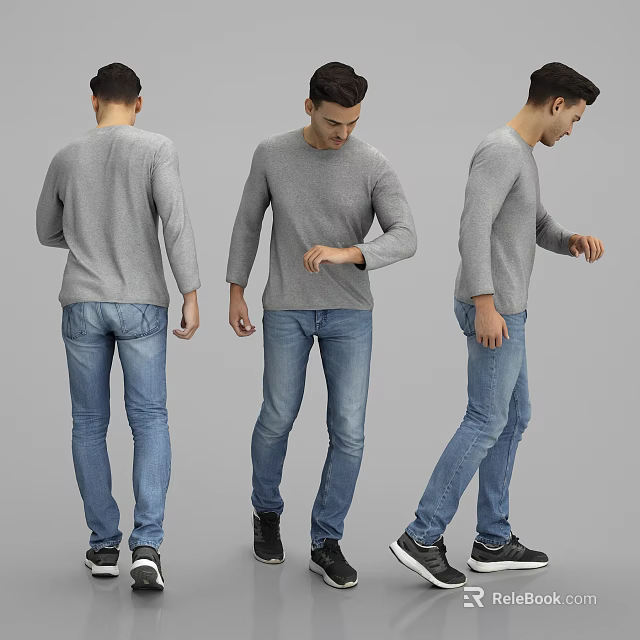 Man in Gray Sweater and Blue Jeans Shown from Three Angles 3d model 