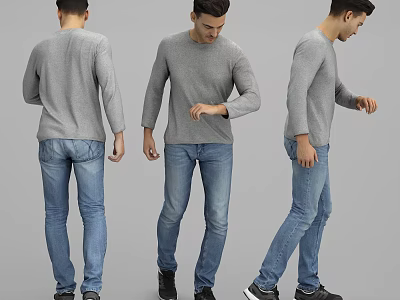 Man in Gray Sweater and Blue Jeans Shown from Three Angles 3d model