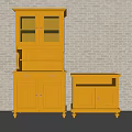 Yellow Wooden Decorative Cabinets with Glass Doors and Drawers Against Brick Wall