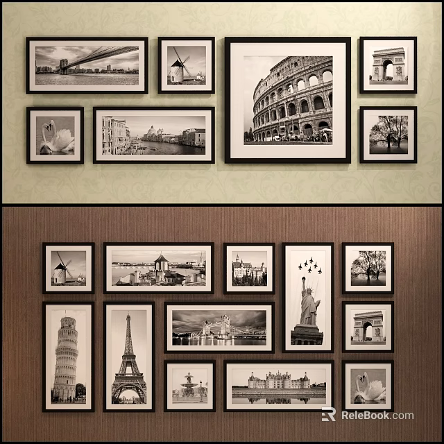 Black And White Landscape Paintings Wall Decor With Famous Landmarks 3d model 