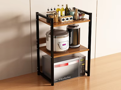 Practical Kitchen Storage Shelf With Wooden Metal Layers Holding Rice Cooker Microwave And Spice Bottles 3d model