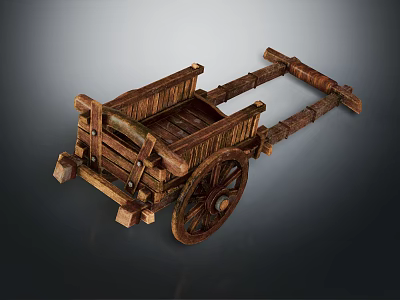Vintage Wooden Hand Cart With Long Handles Spoked Wheels And Rustic Design 3d model