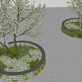 Beautiful Flowers and Plants in Landscaped Area with Curved Railings and Trees