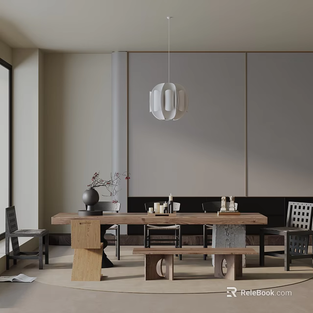 Modern Wooden Dining Table Set With Pendant Light Vase Tableware And Chairs 3d model