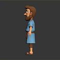 3D Man with Brown Hair Beard Blue Robe Brown Belt Barefoot on Gray Background