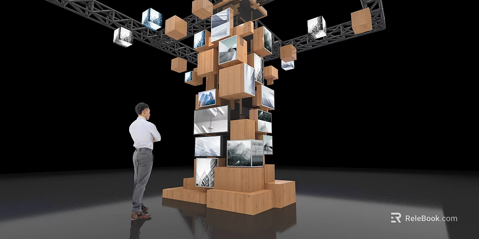 Wooden Display Shelves Multi Tiered Structure With Digital Screens Showcasing Images As Man Observes 3d model 