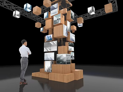 Wooden Display Shelves Multi Tiered Structure With Digital Screens Showcasing Images As Man Observes 3d model