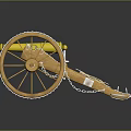 Antique Golden Cannon With Wooden Wheels And Metal Decorations On Dark Background