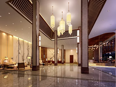 Elegant Modern Hotel Lobby Interior With Hanging Chandeliers Pillars And Marble Floor 3d model