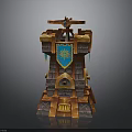 Medieval Castle Tower Structure With Stone Bricks Blue Emblem And Eagle Statue 3d model