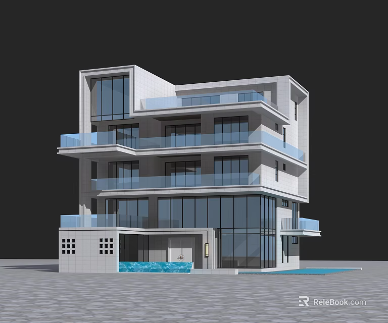 Modern Three Story Detached Villa With Glass Facade Swimming Pool And Balconies 3d model 
