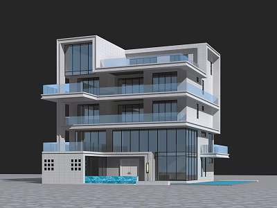 Modern Three Story Detached Villa With Glass Facade Swimming Pool And Balconies 3d model
