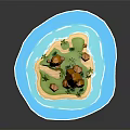 Cartoon Island Scene Featuring Blue Water Green Grass Orange Rocks Palm Trees and Sand Beach