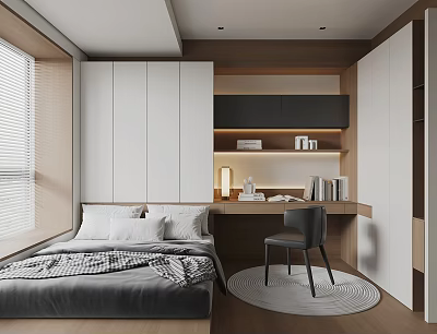 Modern Tatami Bedroom Interior Design With Storage Cabinets Desk And Cozy Bedding 3d model