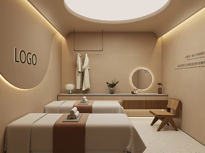 Elegant SPA Sauna Interior With Massage Beds White Robes Round Mirror And Relaxing Atmosphere 3d model