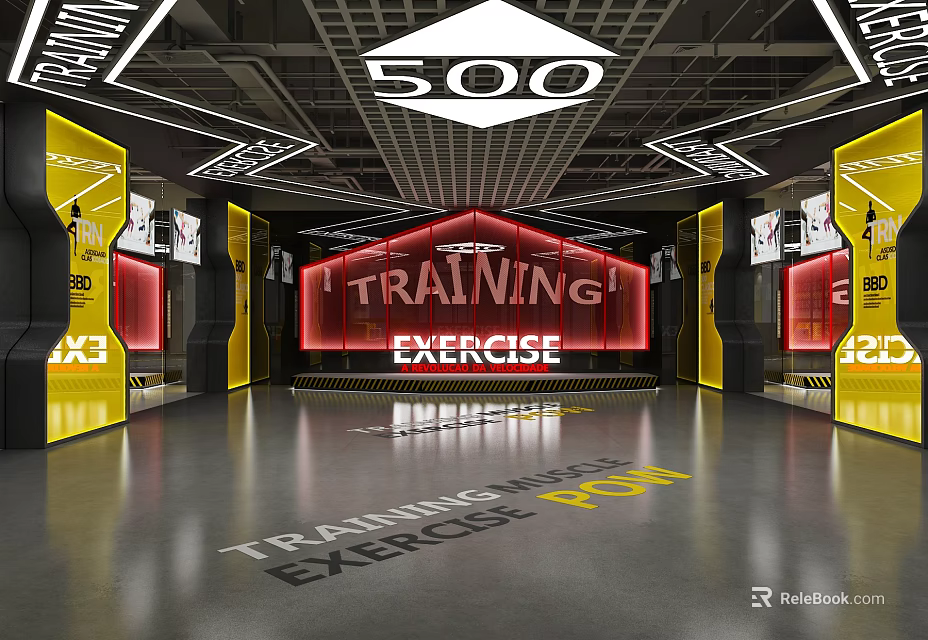 Fitness Training Area With Exercise Point Neon Sign And Spacious Gym Floor 3d model 