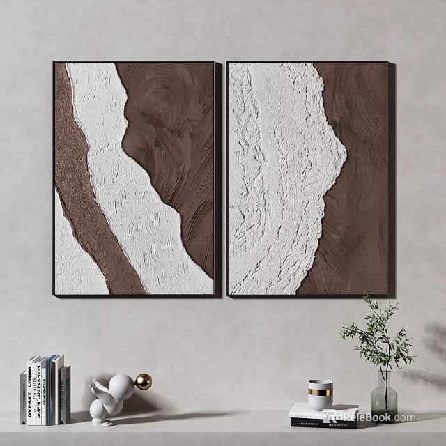 Abstract Textured Wall Art Two Panel Brown And White Hanging With Decor 3d model