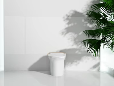 Modern White Toilet Interior With Minimalist Design And Green Palm Leaves 3d model
