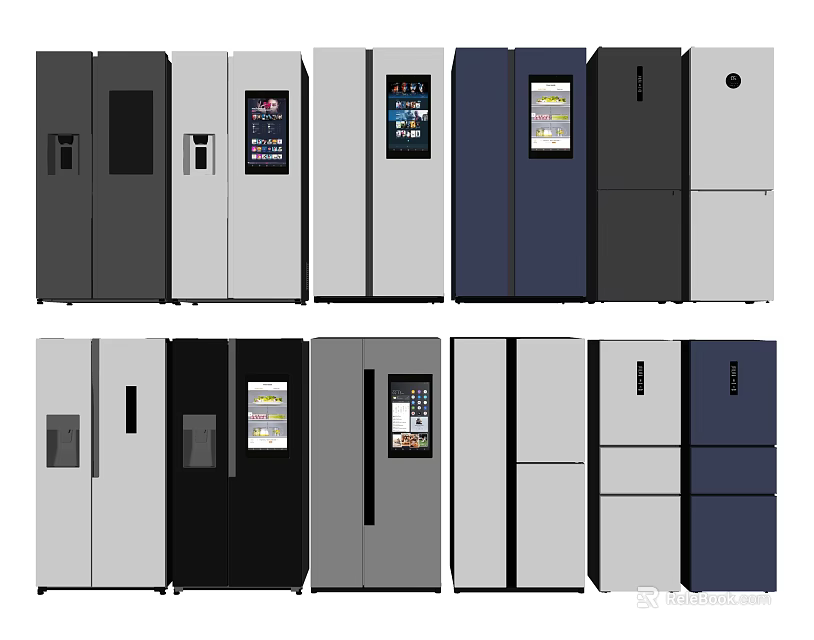 Various Styles Of Modern Refrigerators And Freezers In Different Colors And Designs 3d model 