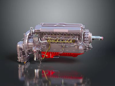 Detailed Automotive Engine With Metallic Structure And Red Components 3d model