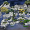 Scenic Garden Ornamental Features With Rock Formations Water Pond And Pavilion Trees