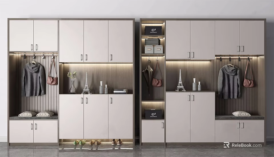 Modern Shoe Cabinet Design With Built in Lighting Multiple Doors Hooks And Decor Items 3d model