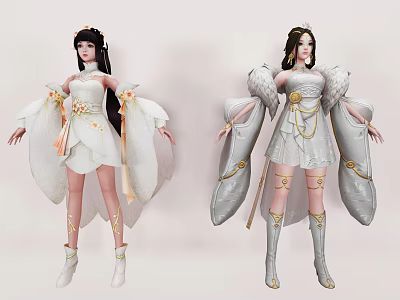 Game Anime Female Characters In Traditional Costumes With Flowing Sleeves Golden Decorations And Wing Elements 3d model