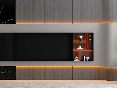 Modern TV Background Cabinet With Wooden Panels Marble Accents And LED Strip Lighting 3d model