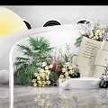Elegant Decorative Setup With Moon White Curved Structures Greenery Flowers And Reflective Floor 3d model