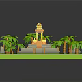 3D Cartoon Scene With Green Grass Platform Yellow Temple Stone Steps And Palm Trees