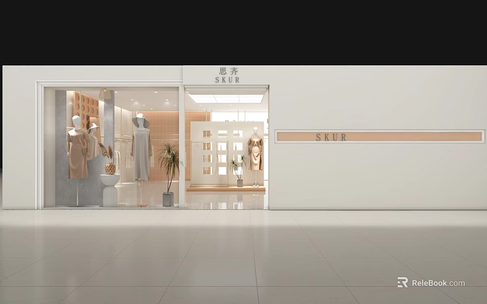 Modern Clothing Store Exterior With Glass Door Window Display Mannequins And Shop Sign 3d model 