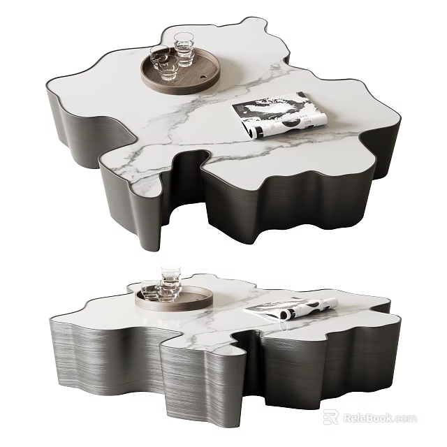 Elegant Modern Coffee Table With Irregular Marble Top And Black Metal Frame Design 3d model