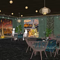 Thai Style Café Interior With Green Walls Hanging Lamps Wooden Chairs And Plants