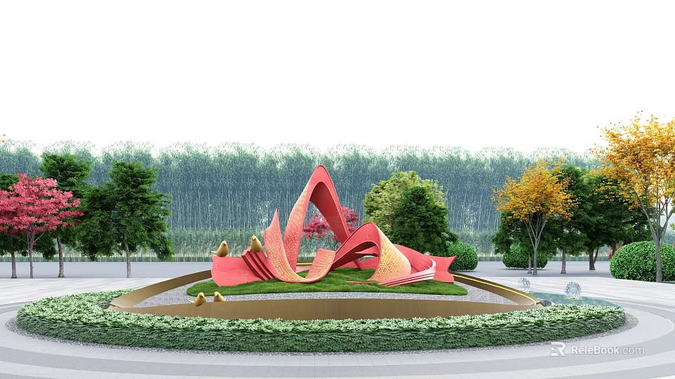Red Abstract Sculpture Featuring Curved Flowing Shapes in Circular Garden Bed with Trees and Bamboo 3d model 