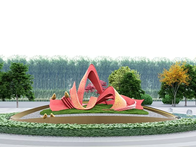 Red Abstract Sculpture Featuring Curved Flowing Shapes in Circular Garden Bed with Trees and Bamboo 3d model