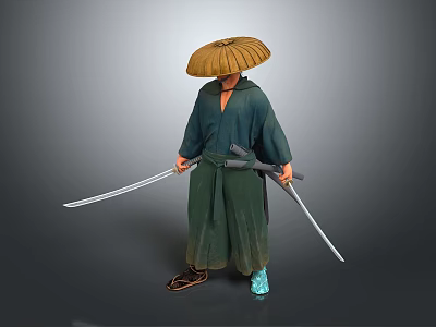 Man In Traditional Outfit With Straw Hat Holding Two Swords 3d model