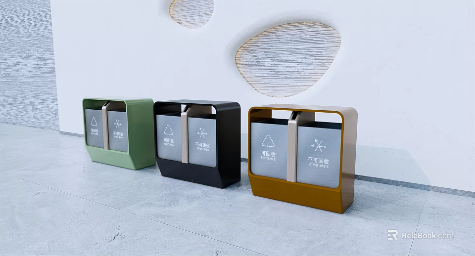 Public Facility Colorful Recycling Trash Bins In Three Colors With Classification Signs 3d model 