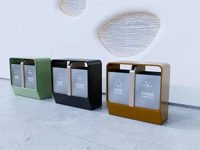 Public Facility Colorful Recycling Trash Bins In Three Colors With Classification Signs 3d model