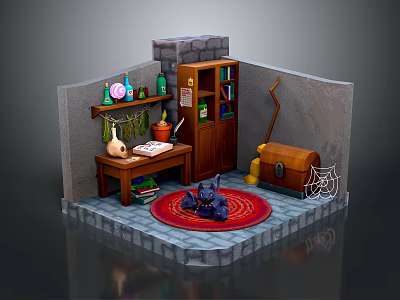 Mystical Wizard Room Interior With Stone Walls Wooden Bookshelf And Black Cat 3d model