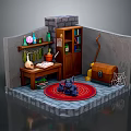 Mystical Wizard Room Interior With Stone Walls Wooden Bookshelf And Black Cat